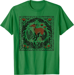 Forestcore Fox Linocut Print - Folklore and Nature Magic T-Shirt - T-Shirt | Irish Green