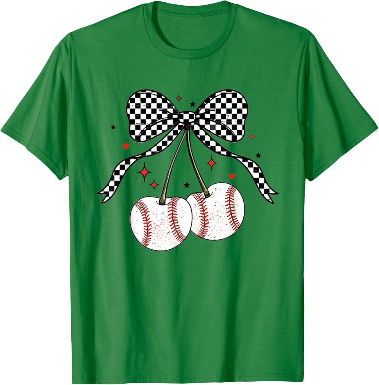 Coquette Bow Cherries Baseball Game Day Team Sport Cherry T-Shirt - T-Shirt | Irish Green