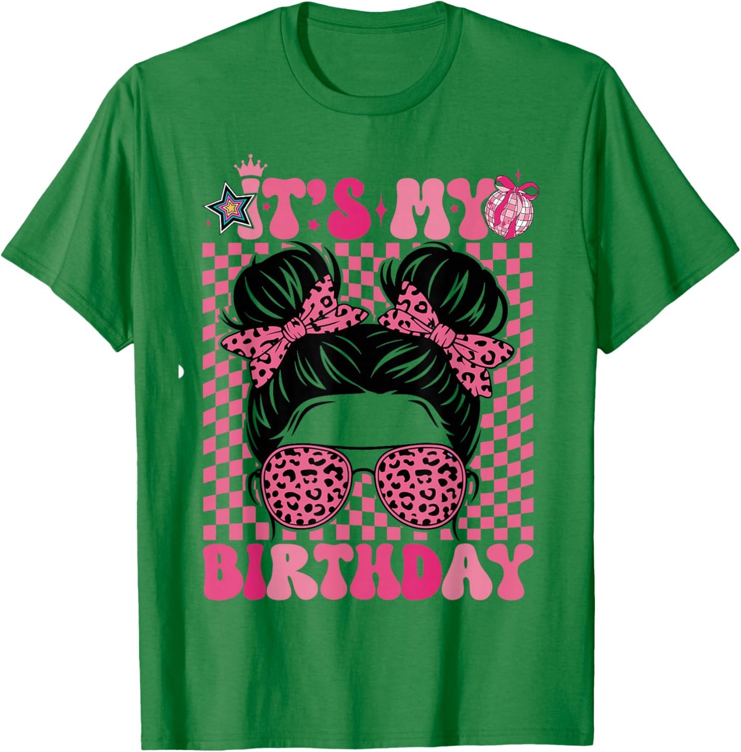 It's My Birthday Girls Women Messy Bun Pink Coquette Bow T-Shirt - T-Shirt | Irish Green