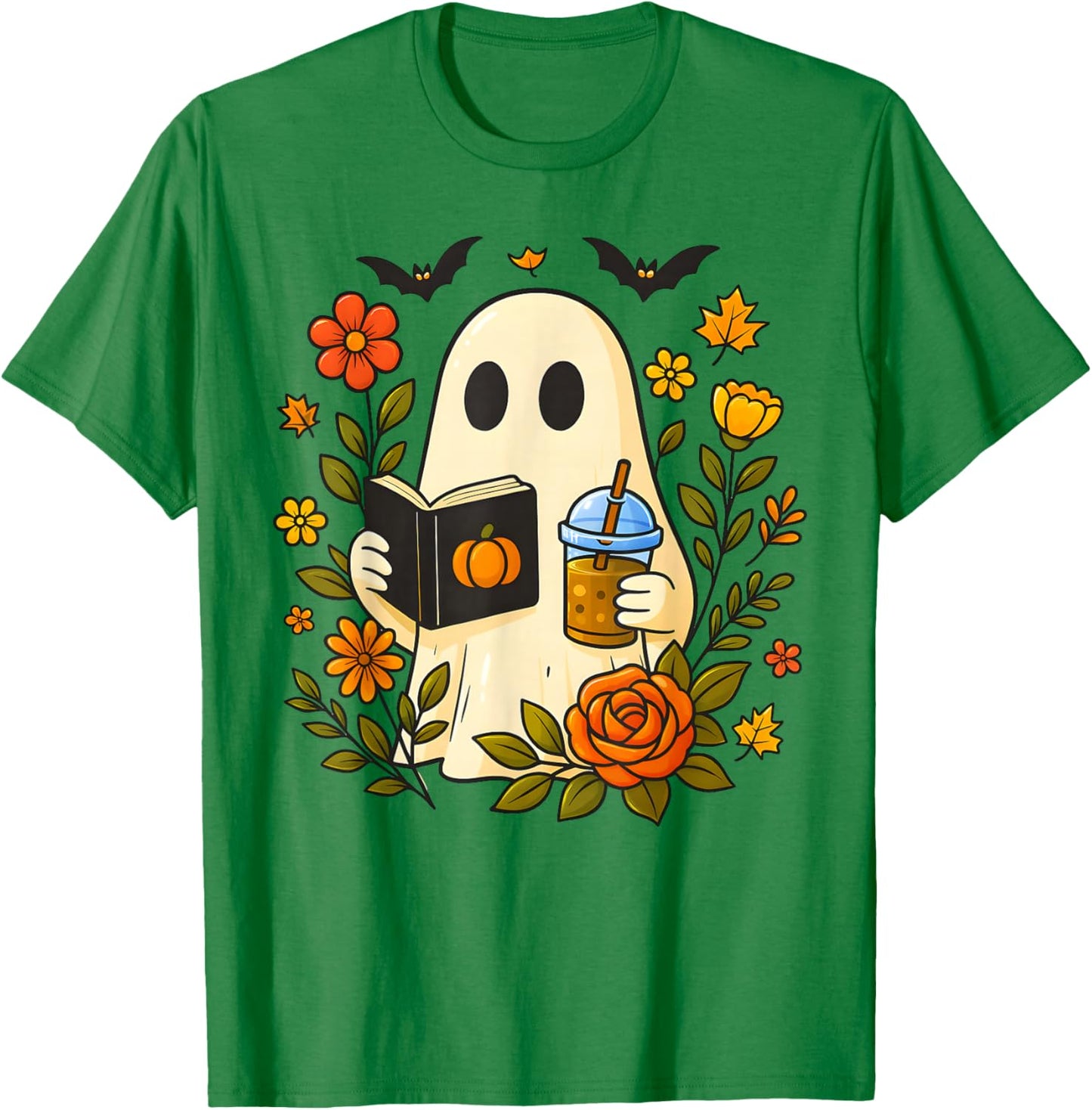 Cute Ghost Reading Book with Coffee Halloween & Autumn Lover T-Shirt - T-Shirt | Irish Green