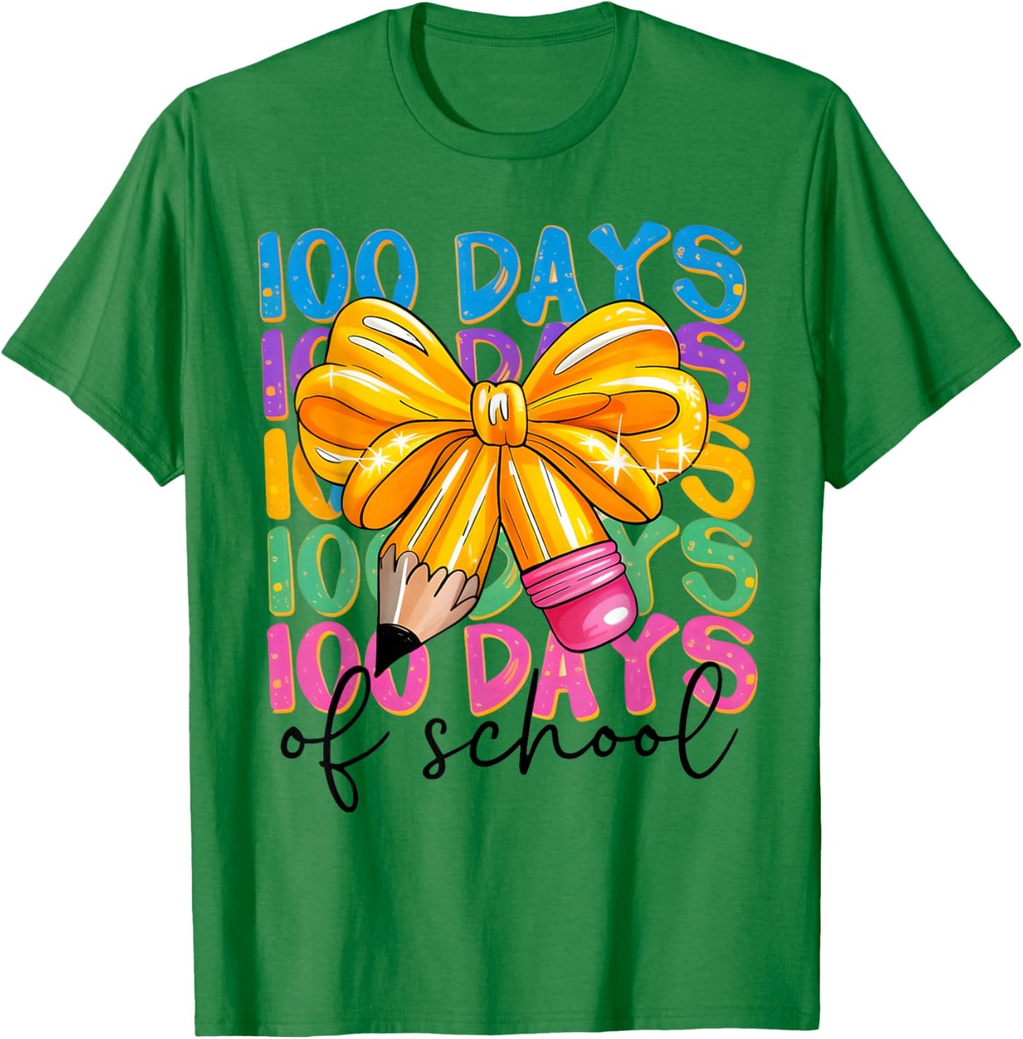 100 Days of School Celebration Pencil Bow Teacher Student Gi T-Shirt - T-Shirt | Irish Green