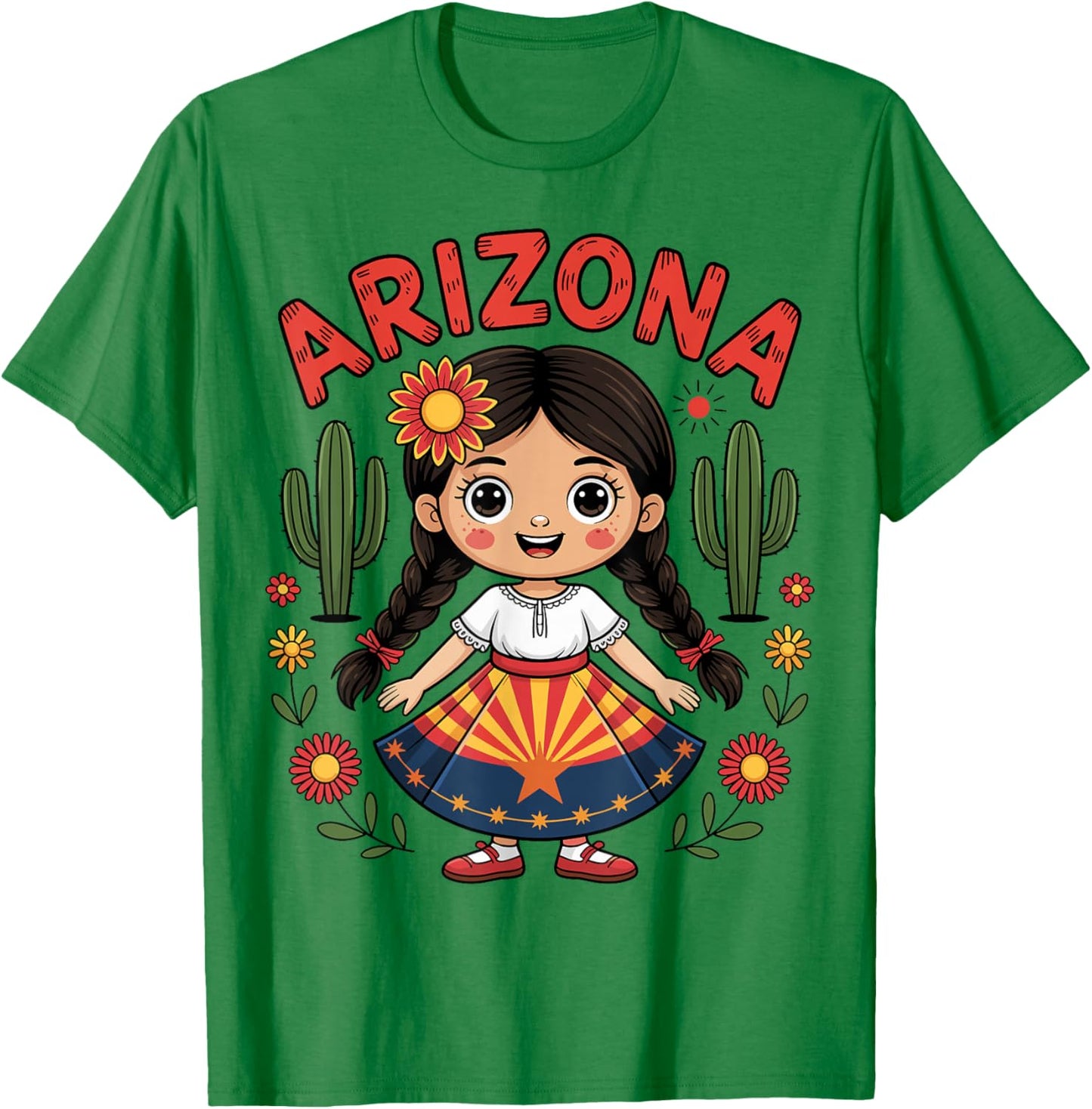 Cute Arizona Girl in State Flag Dress and Cactus for Kids T-Shirt - T-Shirt | Irish Green