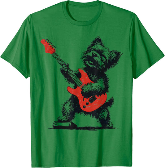 Vintage Yorkie Rock Funny Dog Playing Guitar Rock Style T-Shirt - T-Shirt | Irish Green