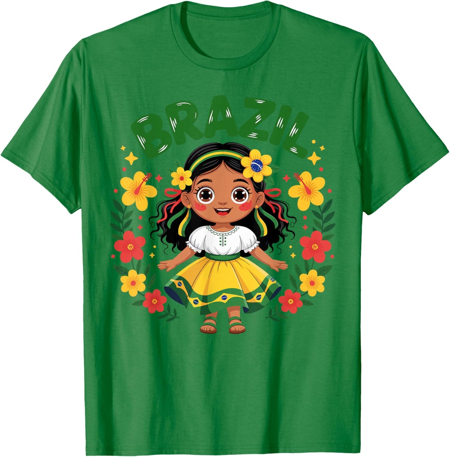 Cute Brazil Girl Traditional Dress Flag Colors Art for Kids T-Shirt - T-Shirt | Irish Green