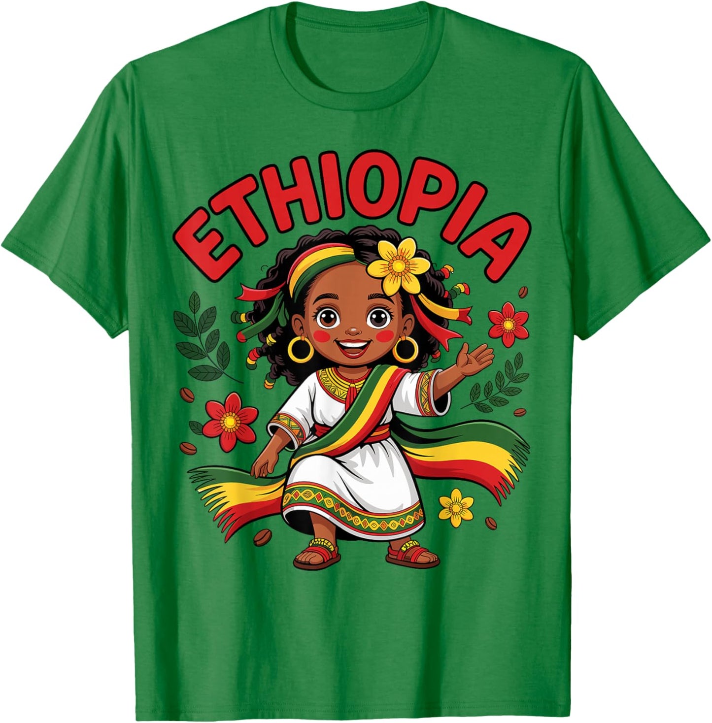 Cute Ethiopian Girl in Traditional Dress for Kids T-Shirt - T-Shirt | Irish Green