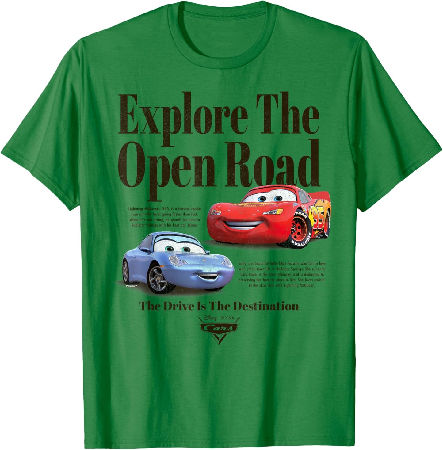 Disney Pixar Cars Explore The Open Road Sally and Lightning T-Shirt - T-Shirt | Irish Green