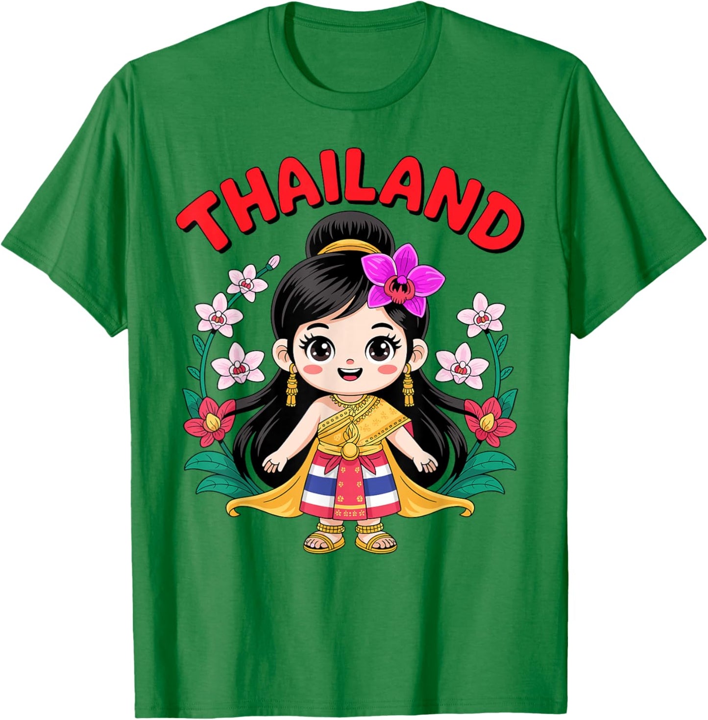 Cute Thailand Girl Traditional Dress with Orchids for Kids T-Shirt - T-Shirt | Irish Green