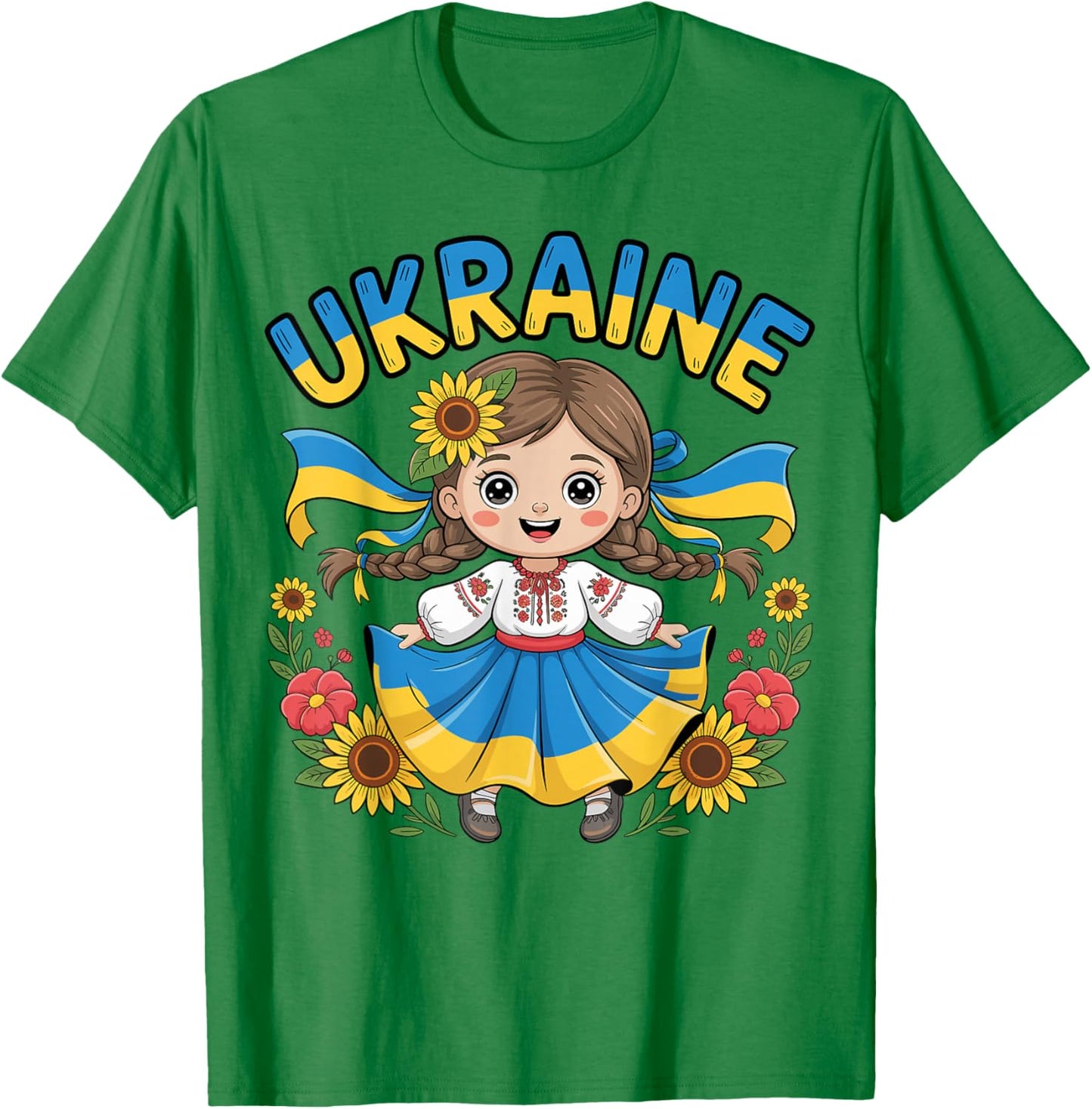 Cute Ukraine Girl Traditional Outfit with Sunflowers Kids T-Shirt - T-Shirt | Irish Green
