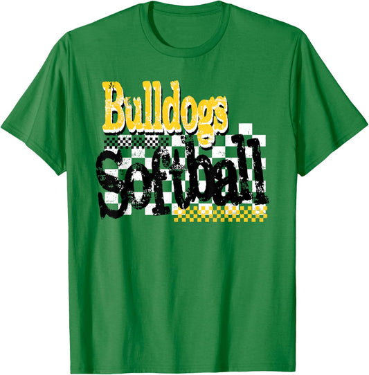 Bulldogs Softball Checkered Print Yellow Bulldog Pride T-Shirt - T-Shirt | Irish Green