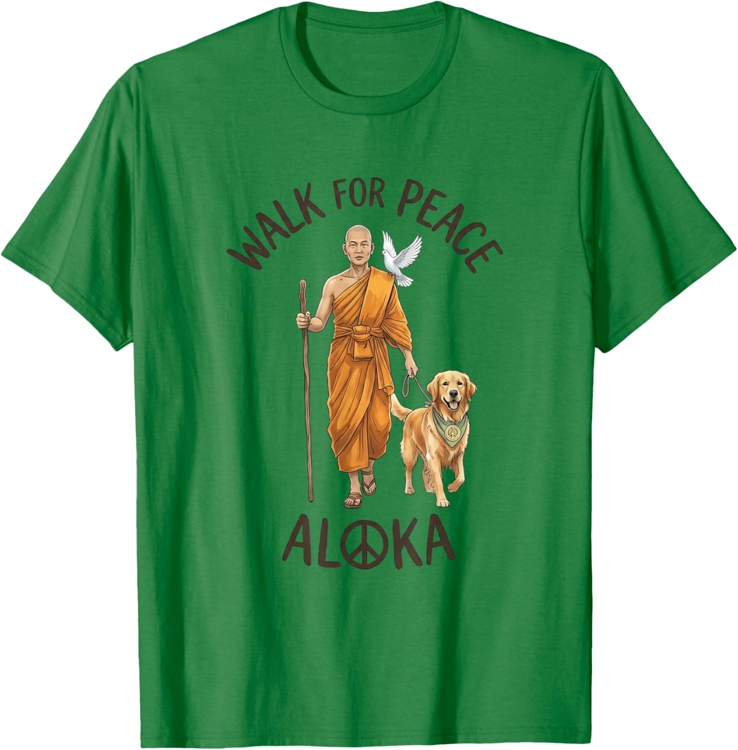 Buddhist Monk Walk for Peace Aloka Line Art Dove Dog T-Shirt - T-Shirt | Irish Green