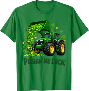 Pushing My Luck Tractor Shamrock Leprechaun St Patricks Day T-Shirt - T-Shirt | Irish Green