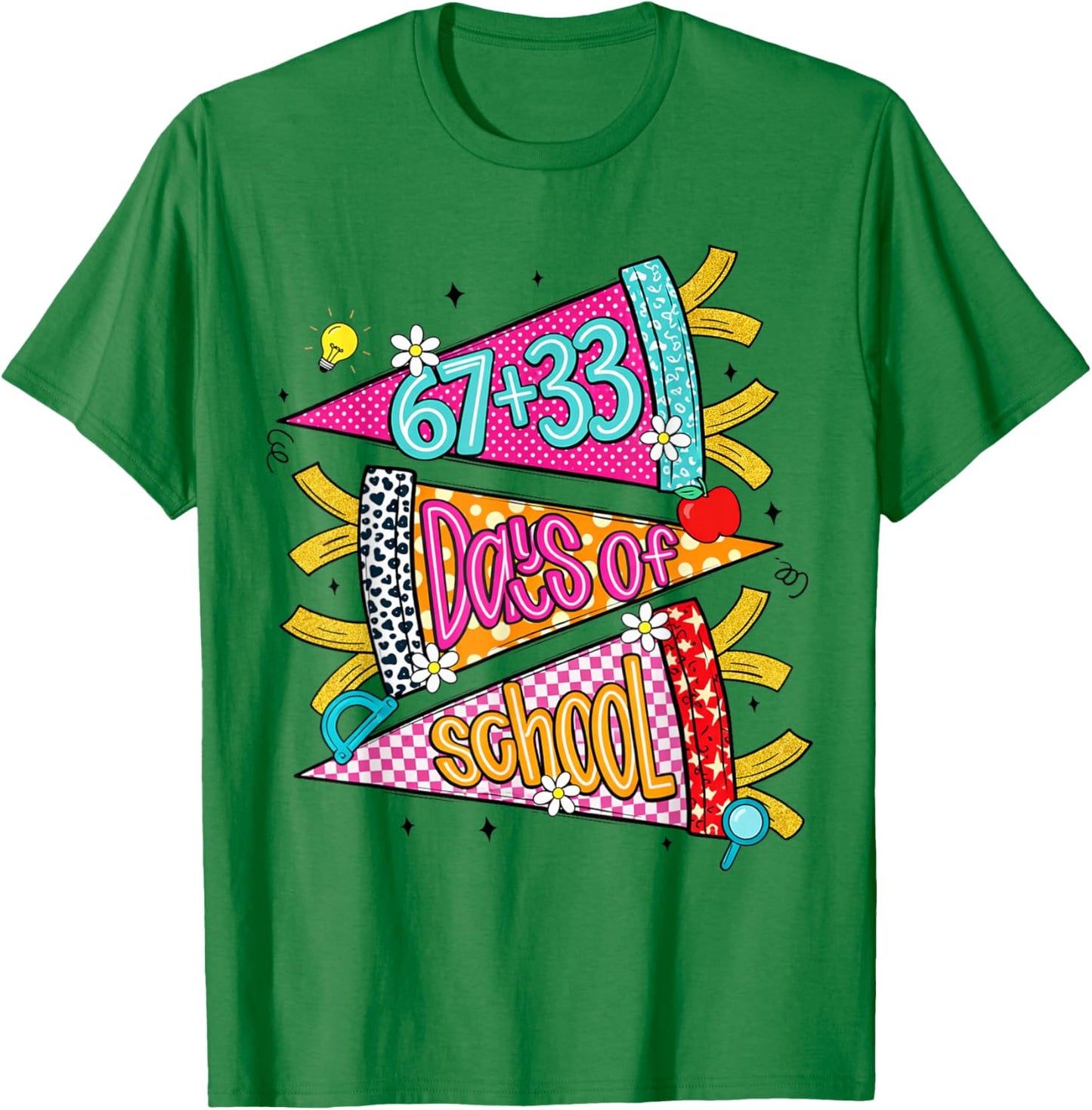 Preppy 67+33 Days of School Cheer 100 Days Teachers T-Shirt - T-Shirt | Irish Green