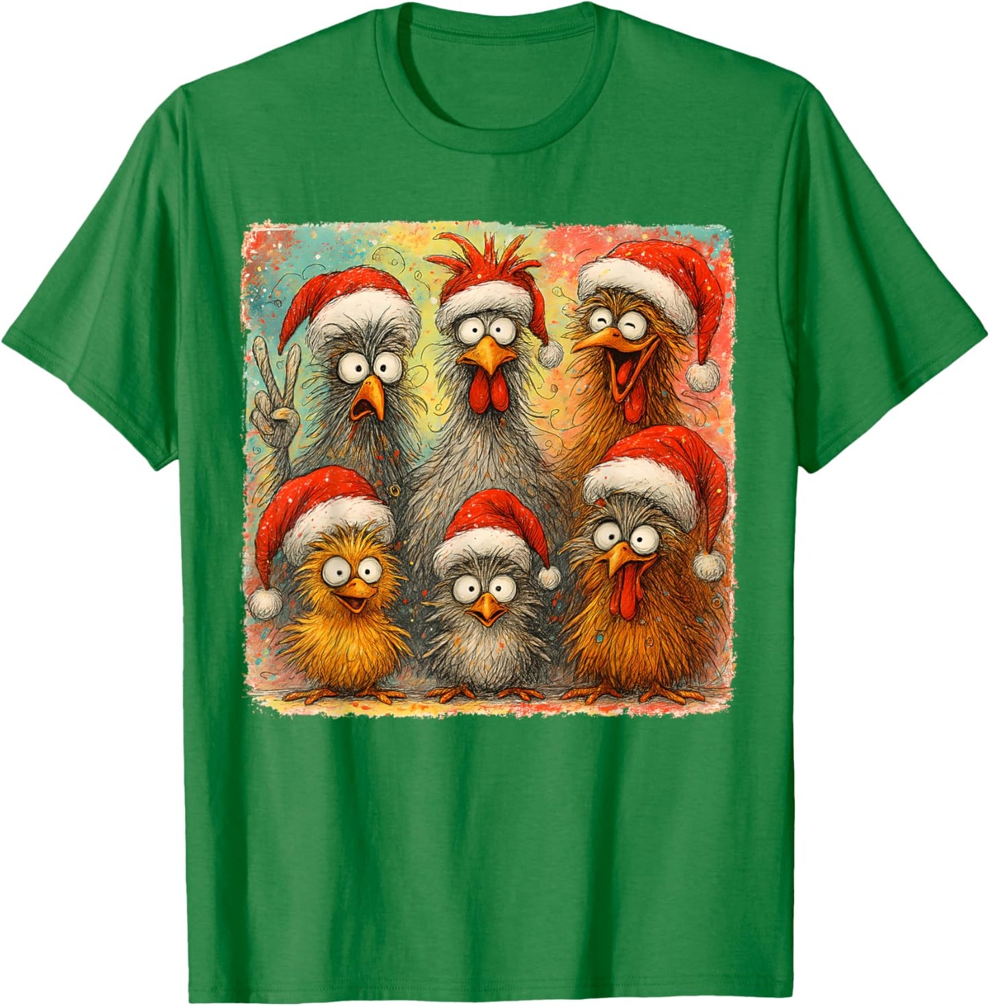 HUGvyn Christmas Santa Chicken Crazy Eagerlys Rooster Meme T-Shirt - T-Shirt | Irish Green