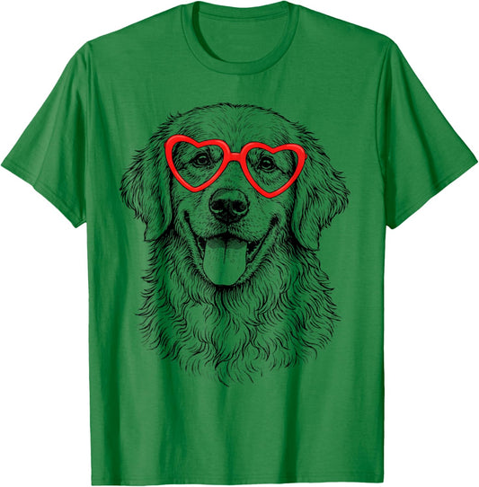 Funny Golden Retriever Face Heart Glasses Dog Valentines Day T-Shirt - T-Shirt | Irish Green