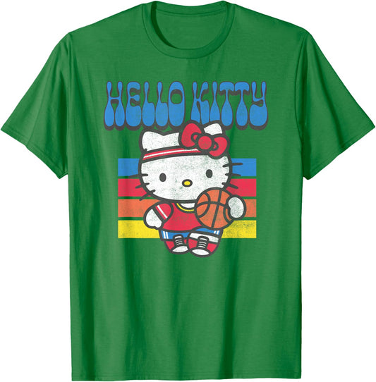 Hello Kitty Retro Sports Basketball Athletic Rainbow Stripes T-Shirt - T-Shirt | Irish Green