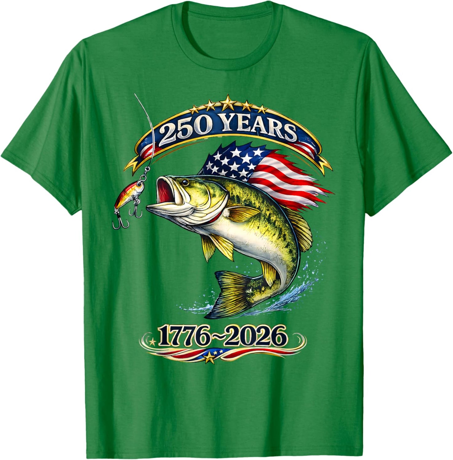 Patriotic Bass Fish and Flag 250 Years Fishing T-Shirt - T-Shirt | Irish Green