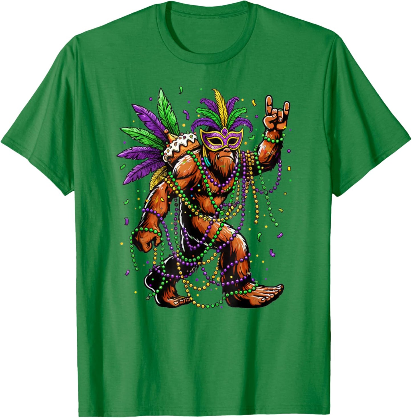 Mardi Gras Bigfoot Beads Necklace King Cake Mask Feathers T-Shirt - T-Shirt | Irish Green