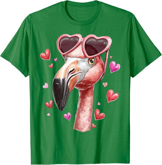 Flamingo Animal Valentine's Day Heart Sunglasses T-Shirt - T-Shirt | Irish Green