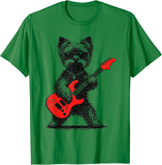 Vintage Yorkie Rock Funny Dog Playing Guitar T-Shirt - T-Shirt | Irish Green