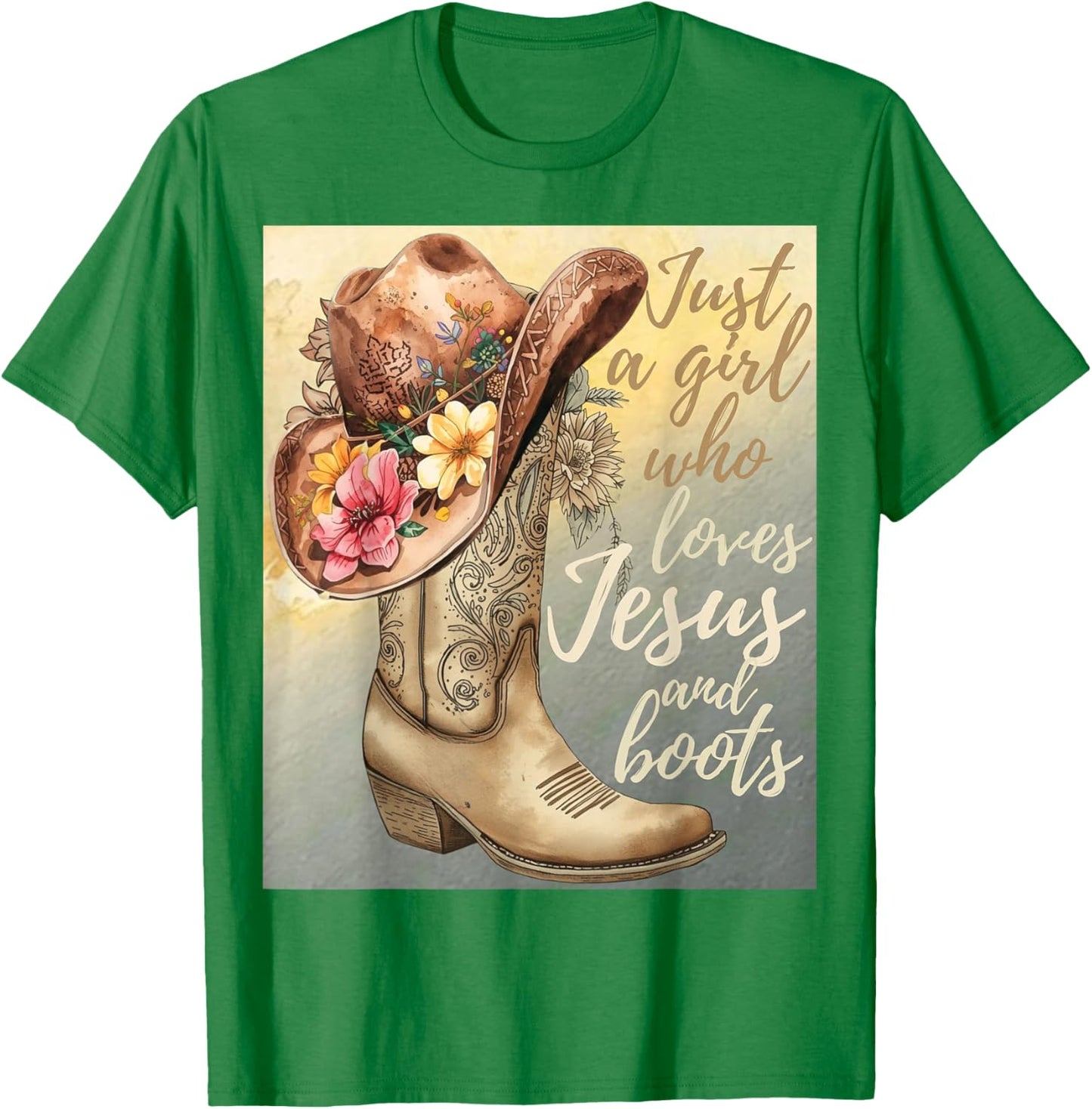 Jesus Loving Girl and Boots Country Faith Design T-Shirt - T-Shirt | Irish Green