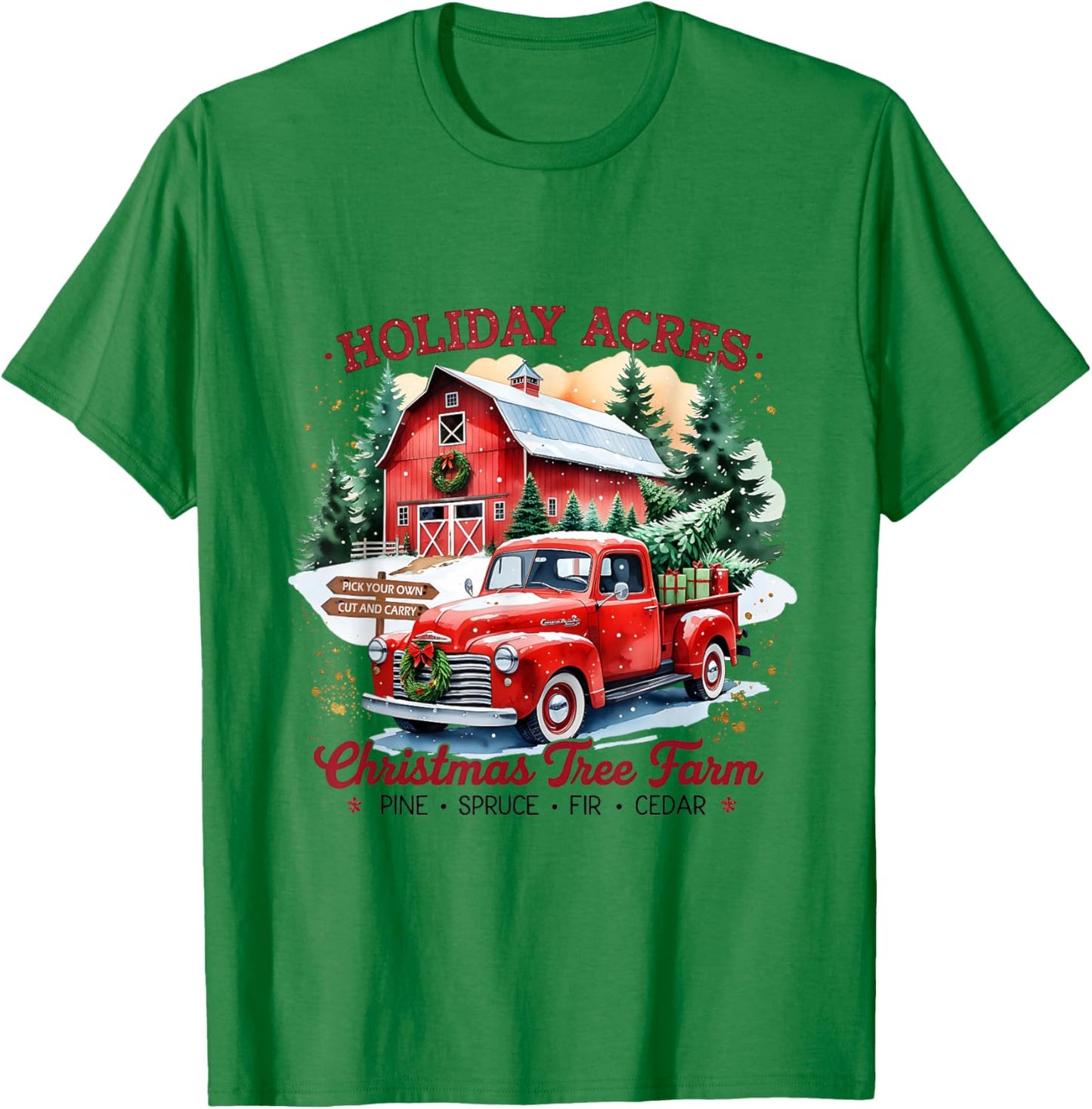 Vintage Red Truck Holiday Acres Christmas Tree Farm T-Shirt - T-Shirt | Irish Green