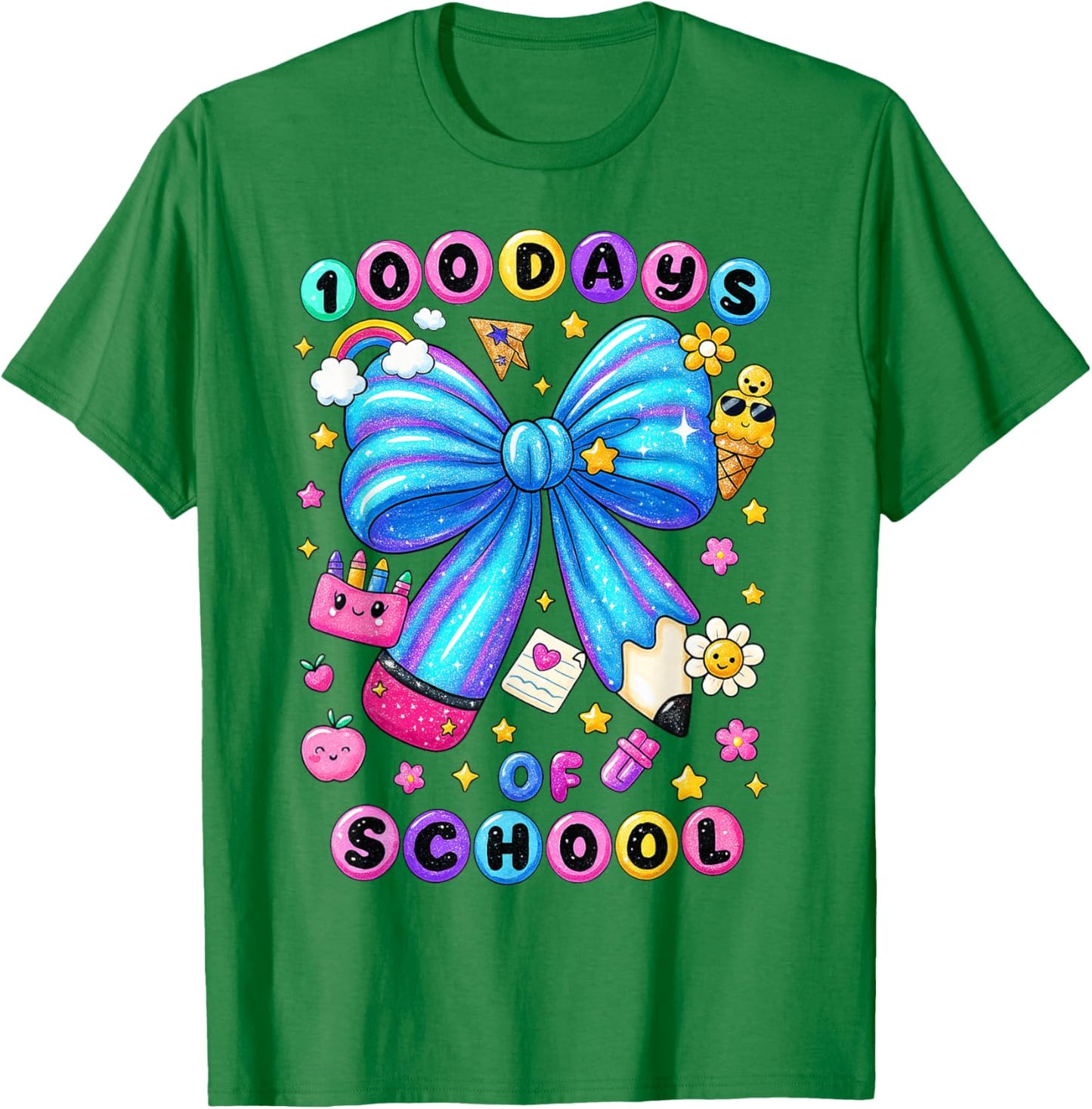 100 Days of School Bow Pencil Preppy Teacher Girl Kid T-Shirt - T-Shirt | Irish Green