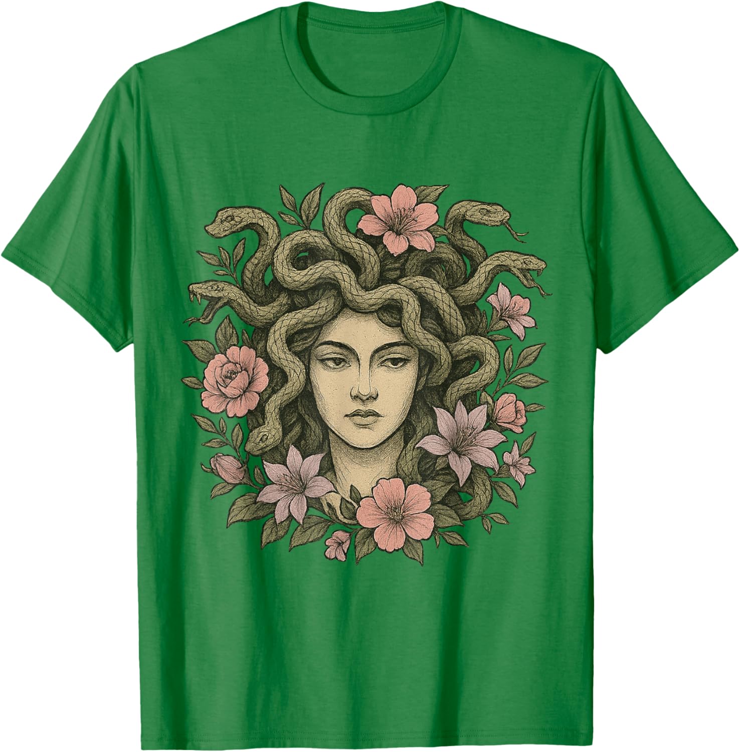 Medusa Greek Mythology Snake Hair Pretty Flowers Floral Art T-Shirt - T-Shirt | Irish Green