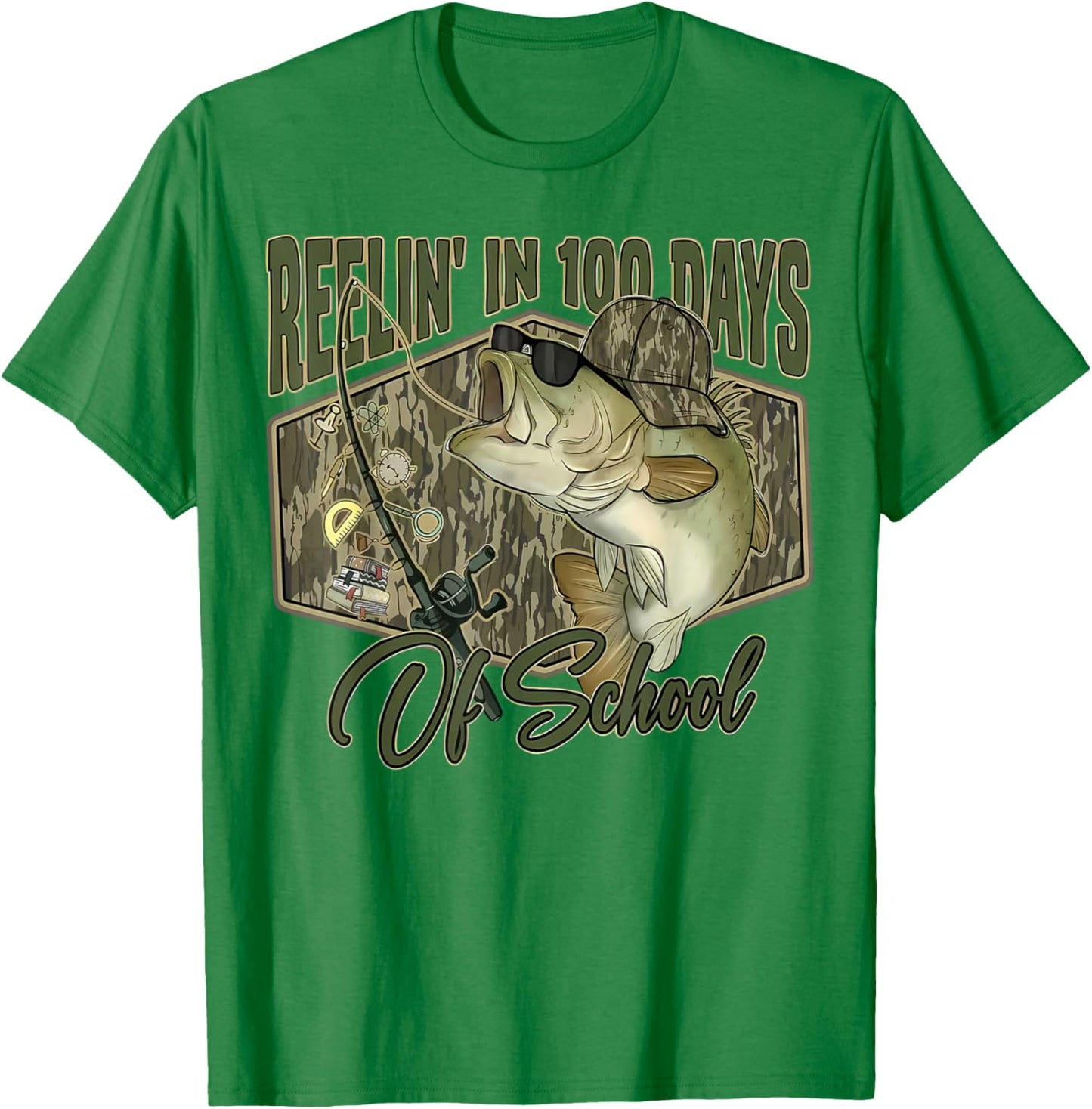 Retro Reelin’ in 100 Days of School Camo Bass Fishing Boys T-Shirt - T-Shirt | Irish Green