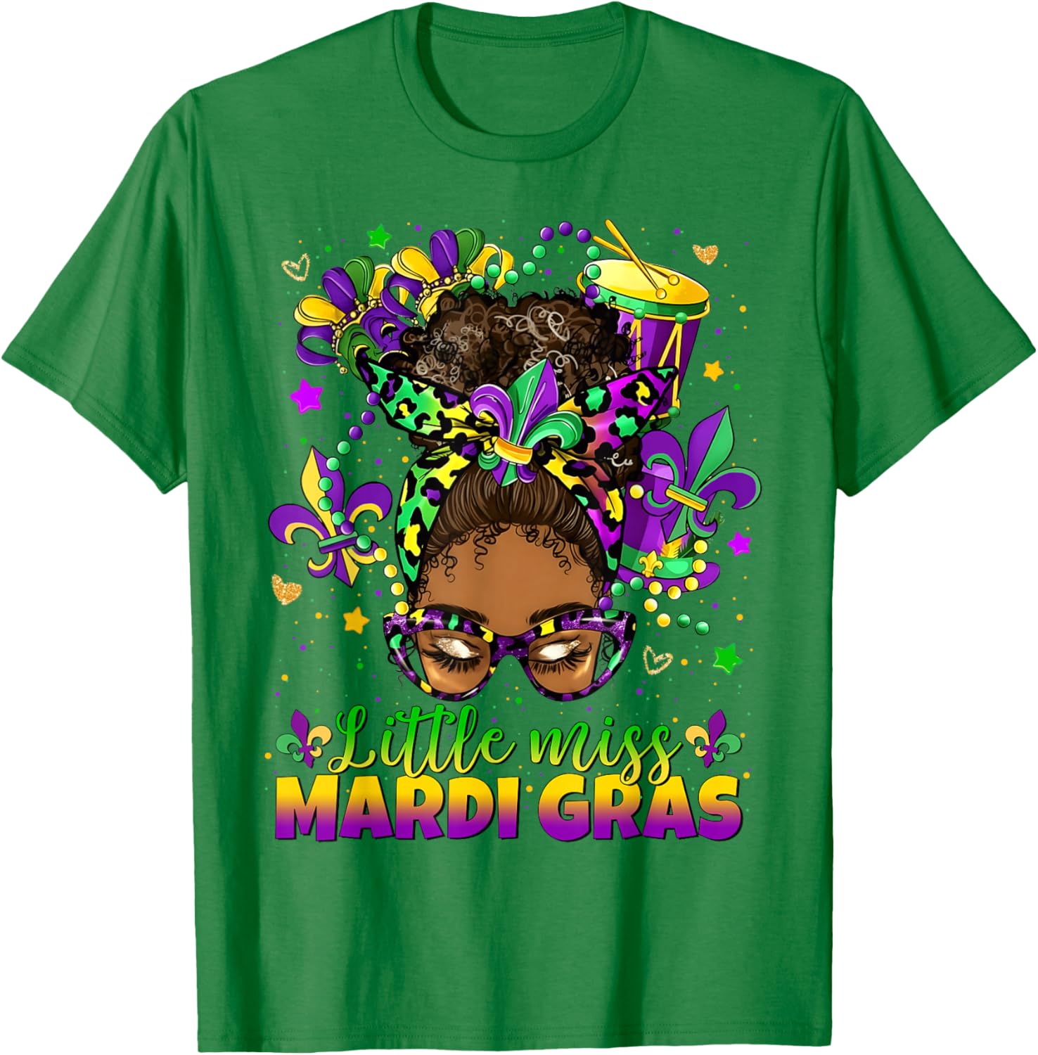 Little Miss Mardi Gras Afro Messy Bun Girl Women Kid T-Shirt - T-Shirt | Irish Green