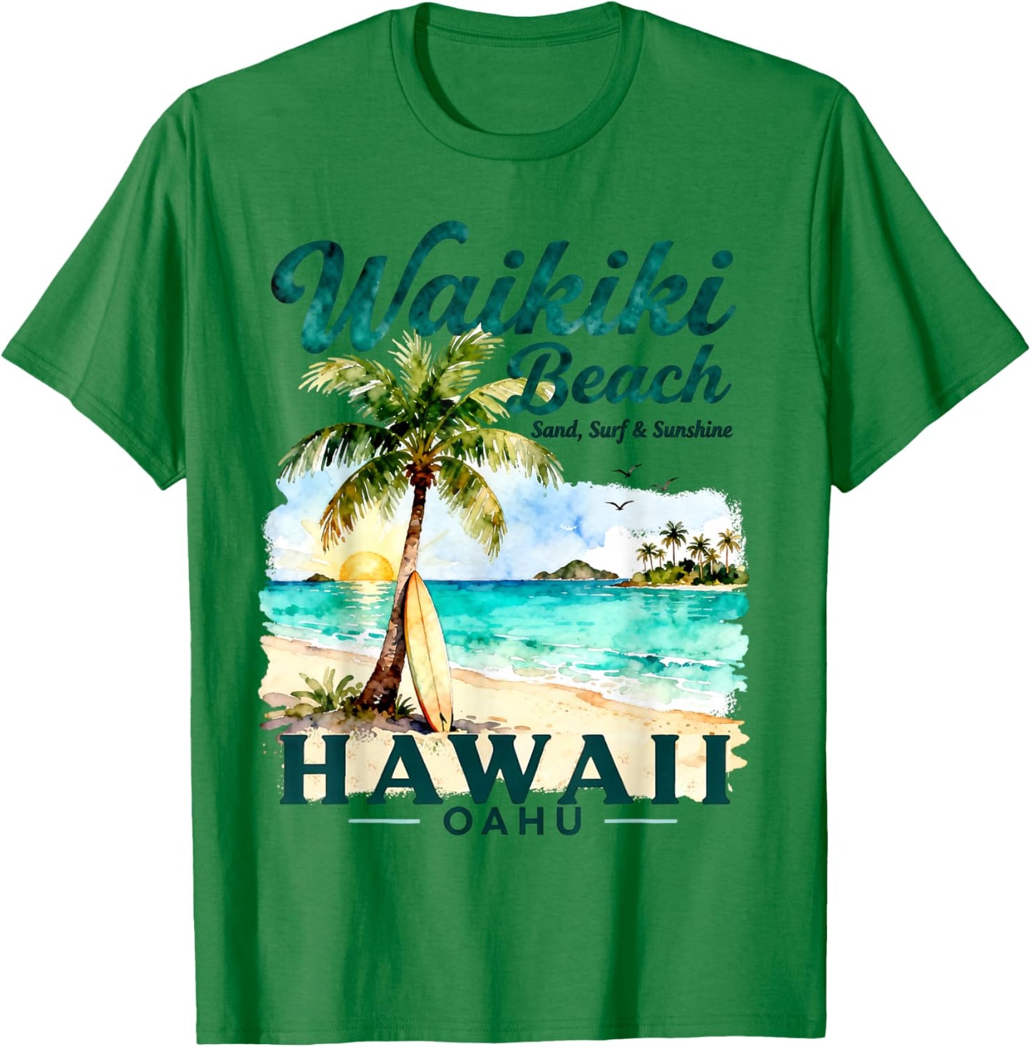 Waikiki Beach Hawaii Oahu Sand Surf Sunshine Art T-Shirt - T-Shirt | Irish Green