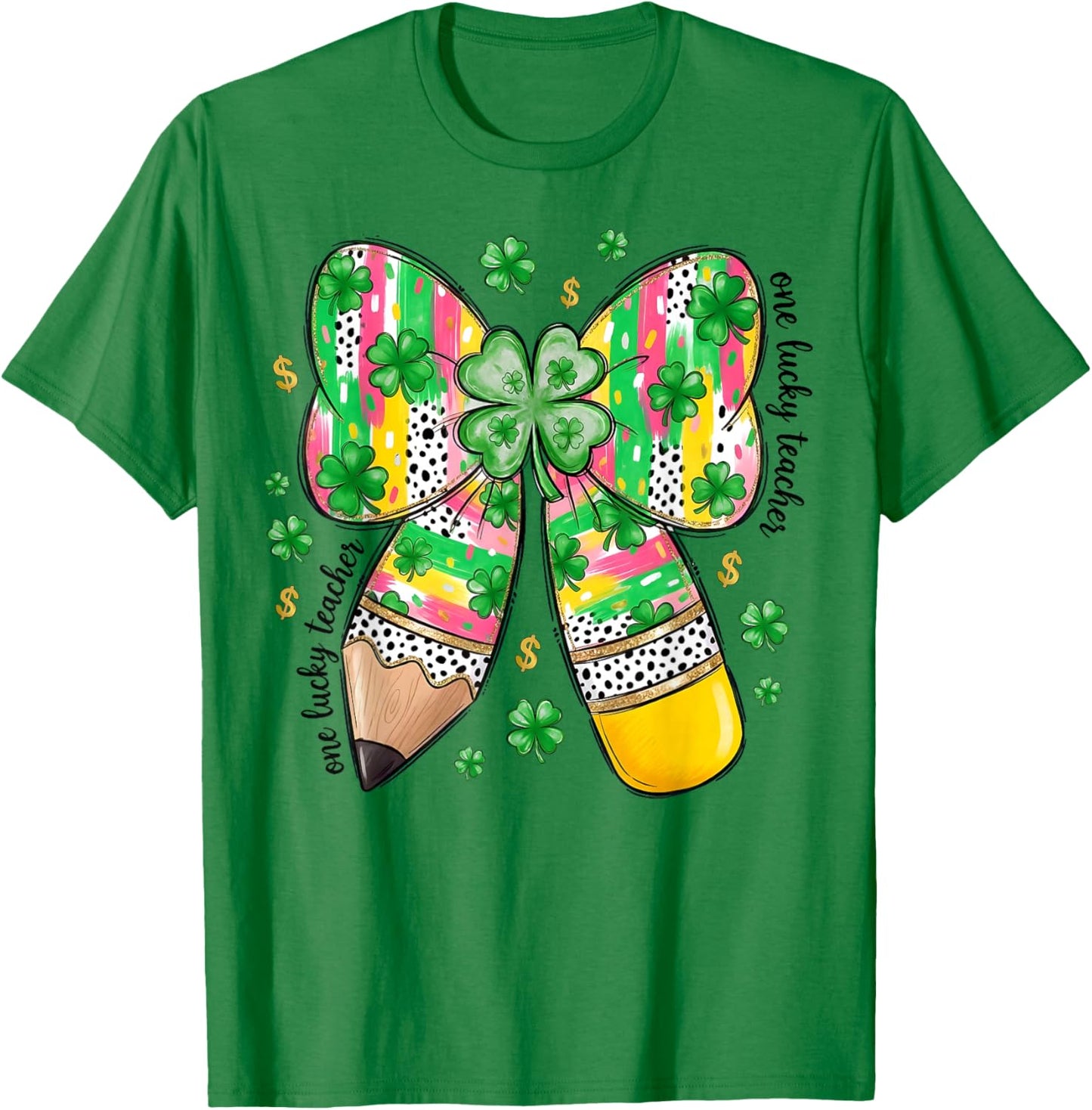 One Lucky Teacher St Patrick's Day Coquette Pencil Shamrock T-Shirt - T-Shirt | Irish Green