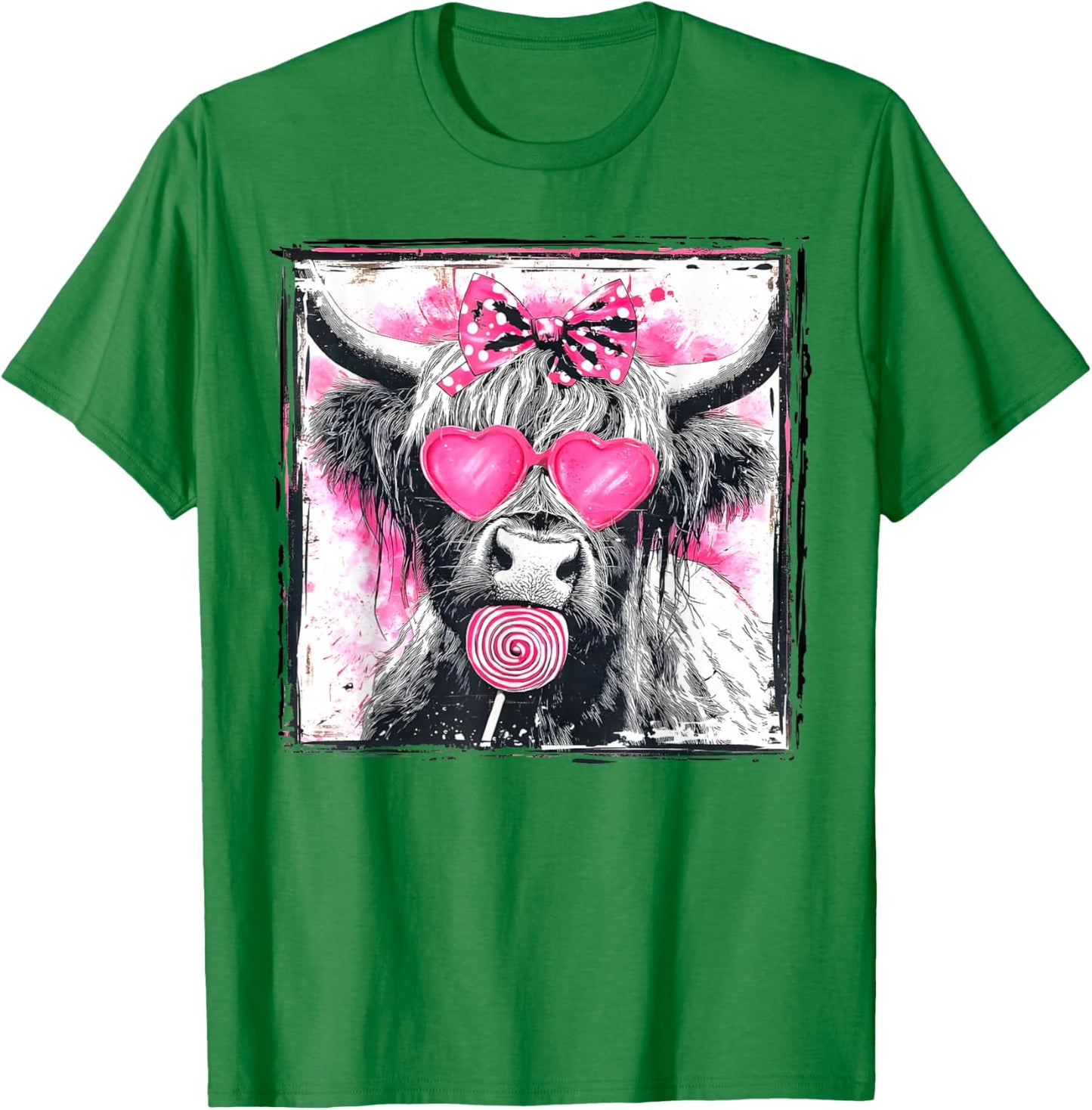 Vintage Cute Lollipop Highland Cow Bow Valentine Pink Heart T-Shirt - T-Shirt | Irish Green