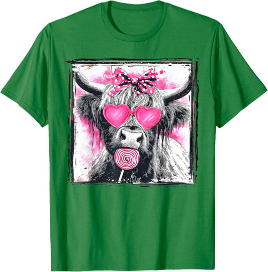 Vintage Cute Lollipop Highland Cow Bow Valentine Pink Heart T-Shirt - T-Shirt | Irish Green