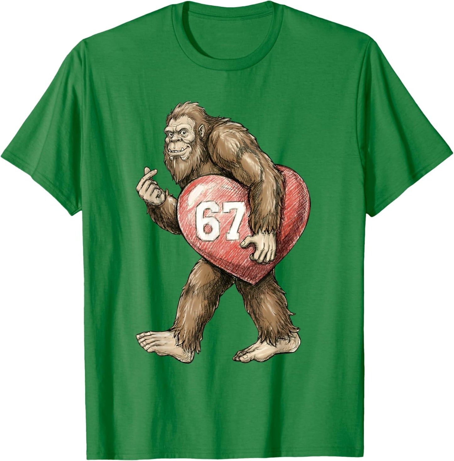Valentine’s Day Bigfoot 67 Meme Funny Six Seven 67 Valentine T-Shirt - T-Shirt | Irish Green