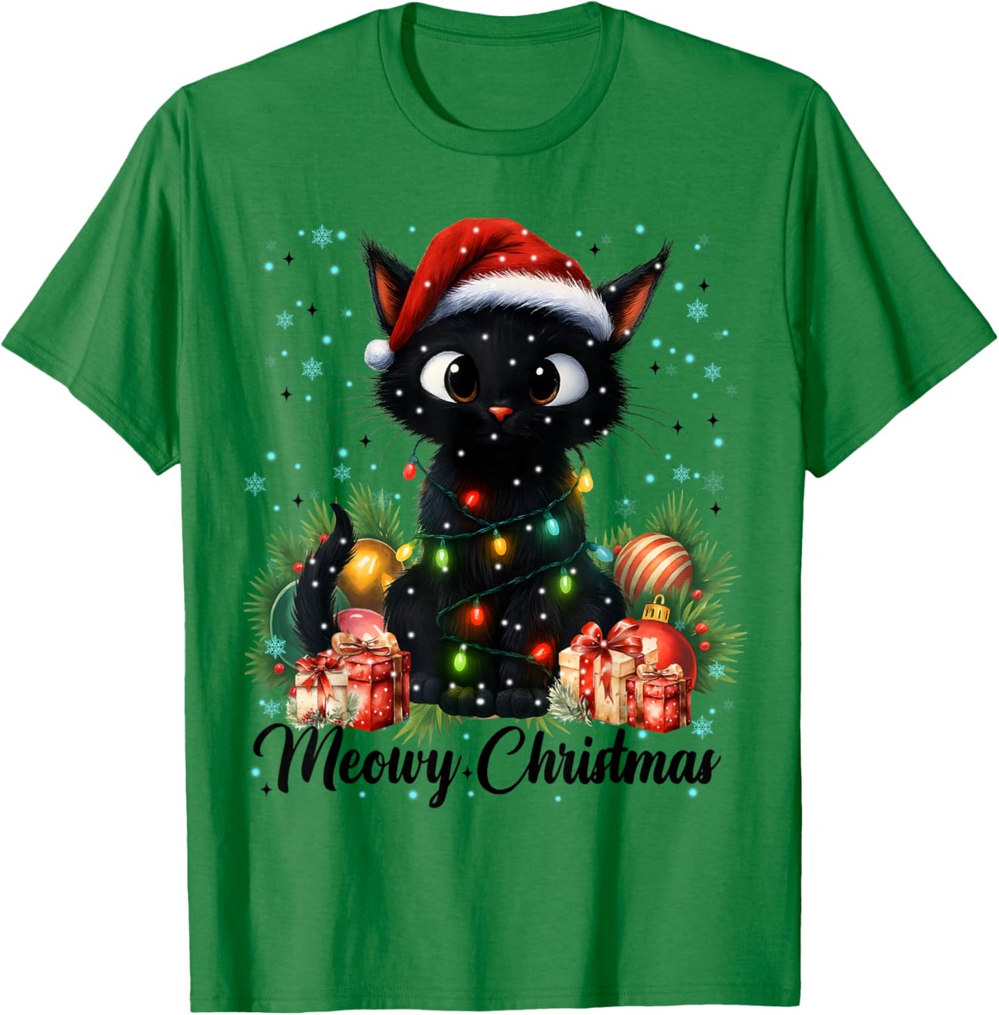 Moewy Christmas Black Cute Cat Santa Hat Xmas Women Girl T-Shirt - T-Shirt | Irish Green