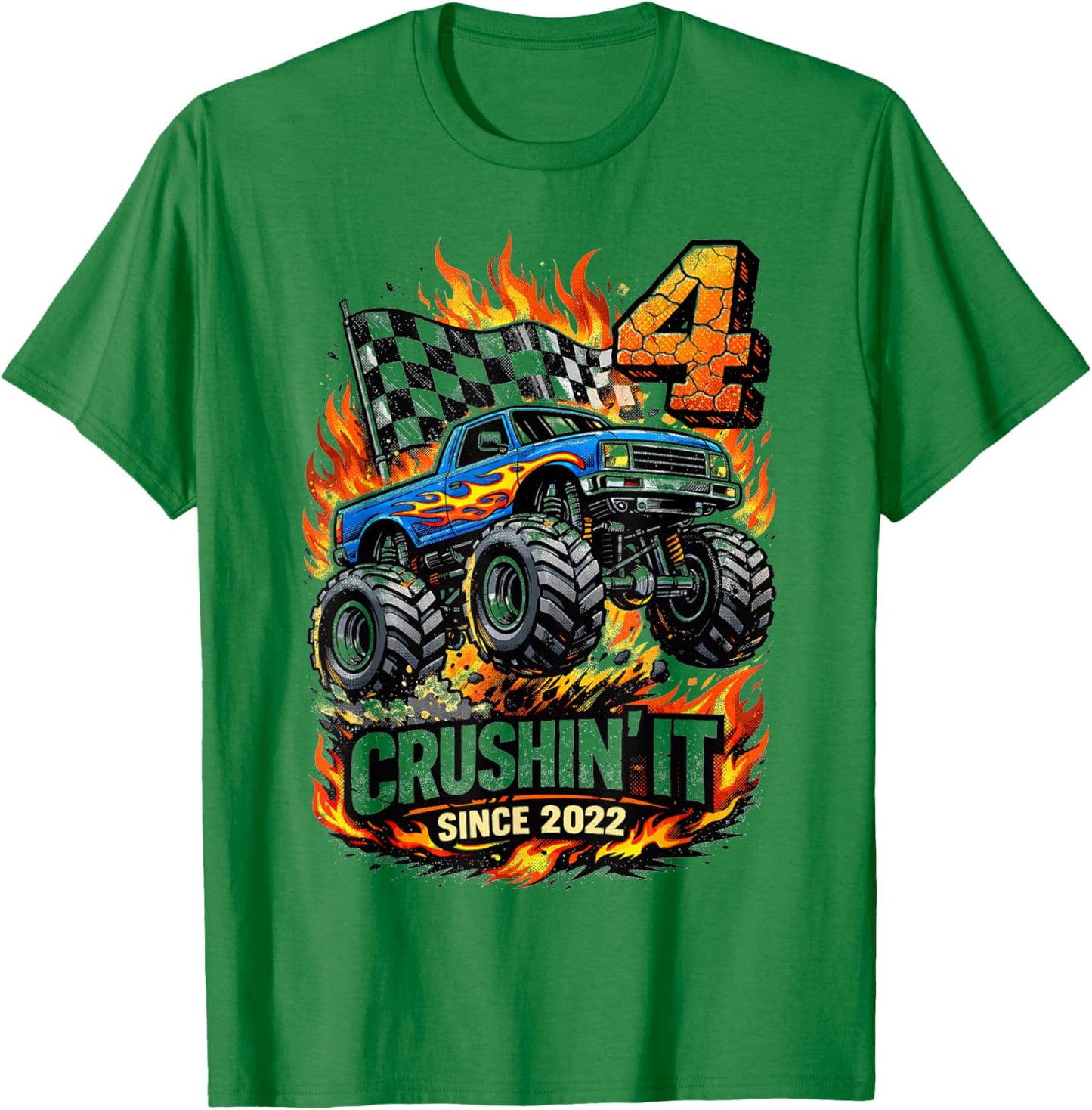 Birthday Monster Truck 4 Year Old Boys 4th Party Born 2022 T-Shirt - T-Shirt | Irish Green