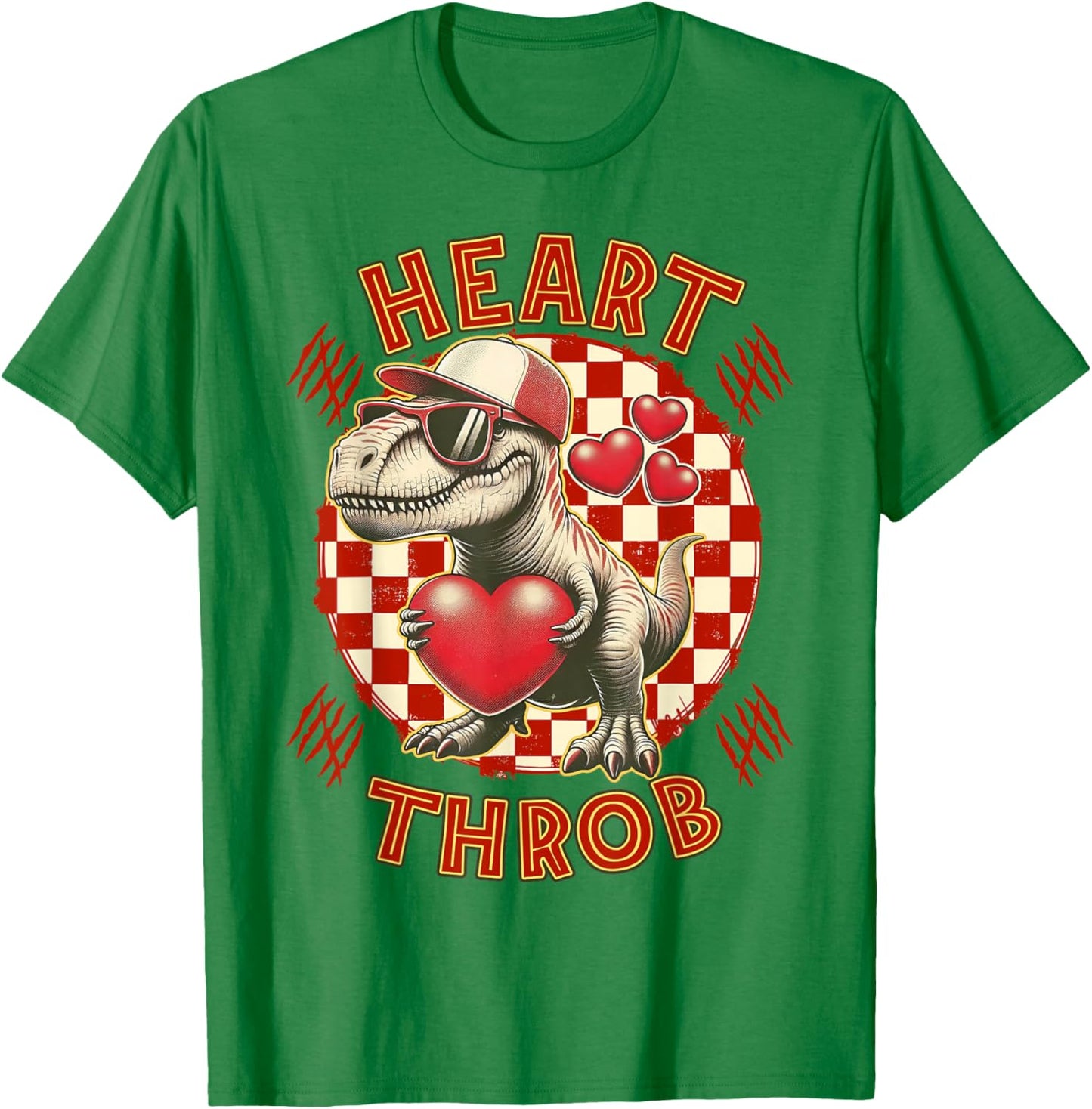 Heart Dinosaur Throb Valentines Day T Rex Checkered Print T-Shirt - T-Shirt | Irish Green