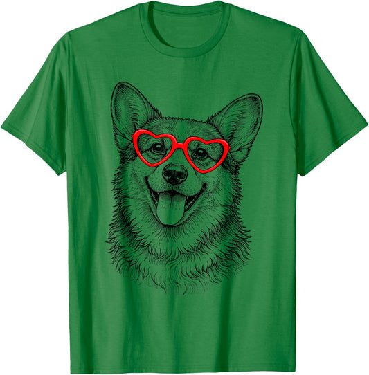 Funny Corgi Face Heart Glasses Dog Valentine's Day T-Shirt - T-Shirt | Irish Green