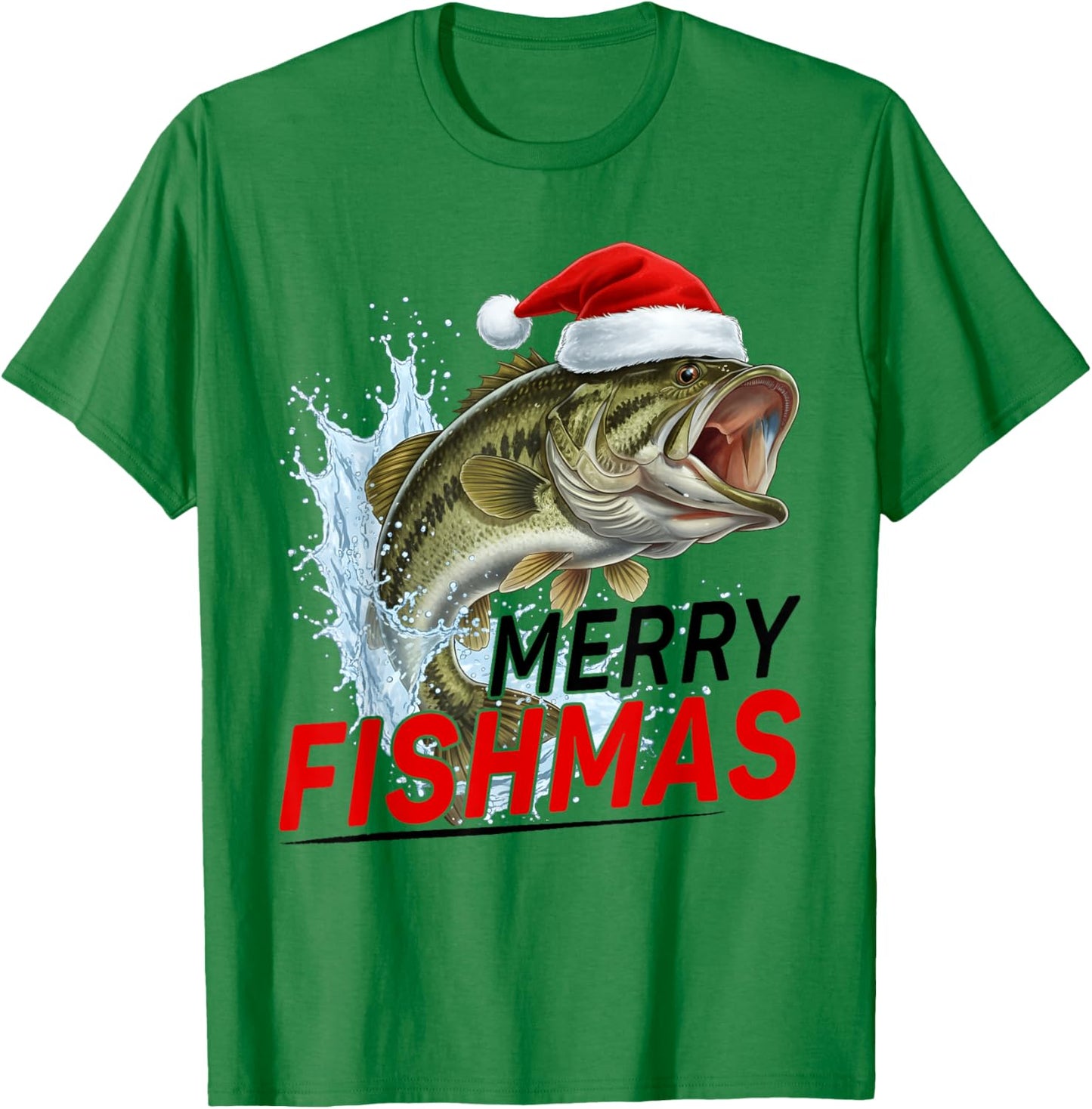 Merry Fishmas Funny Christmas Bass Fisherman Santa Hat T-Shirt - T-Shirt | Irish Green