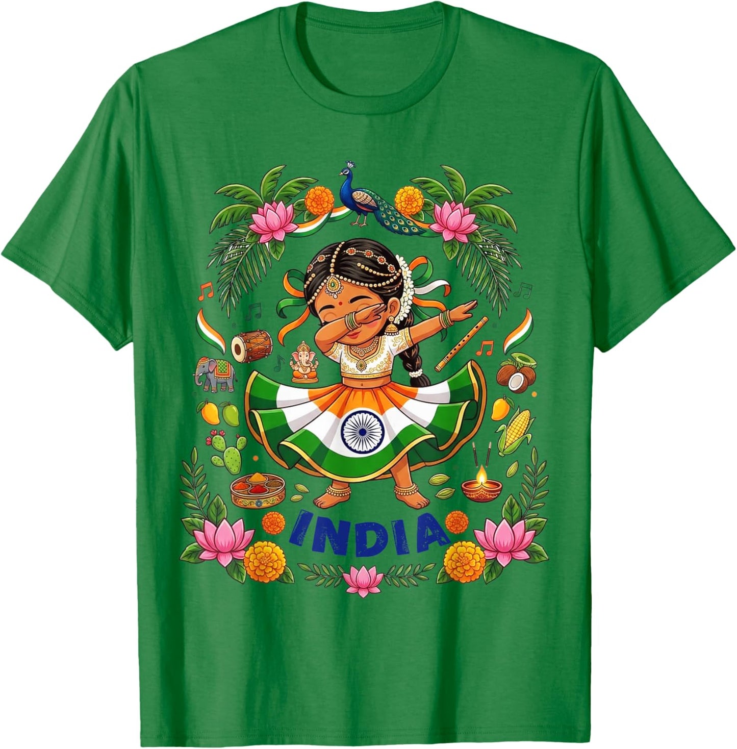 Dabbing India Girl Flag Dress Lotus Flowers Pride Heritage T-Shirt - T-Shirt | Irish Green