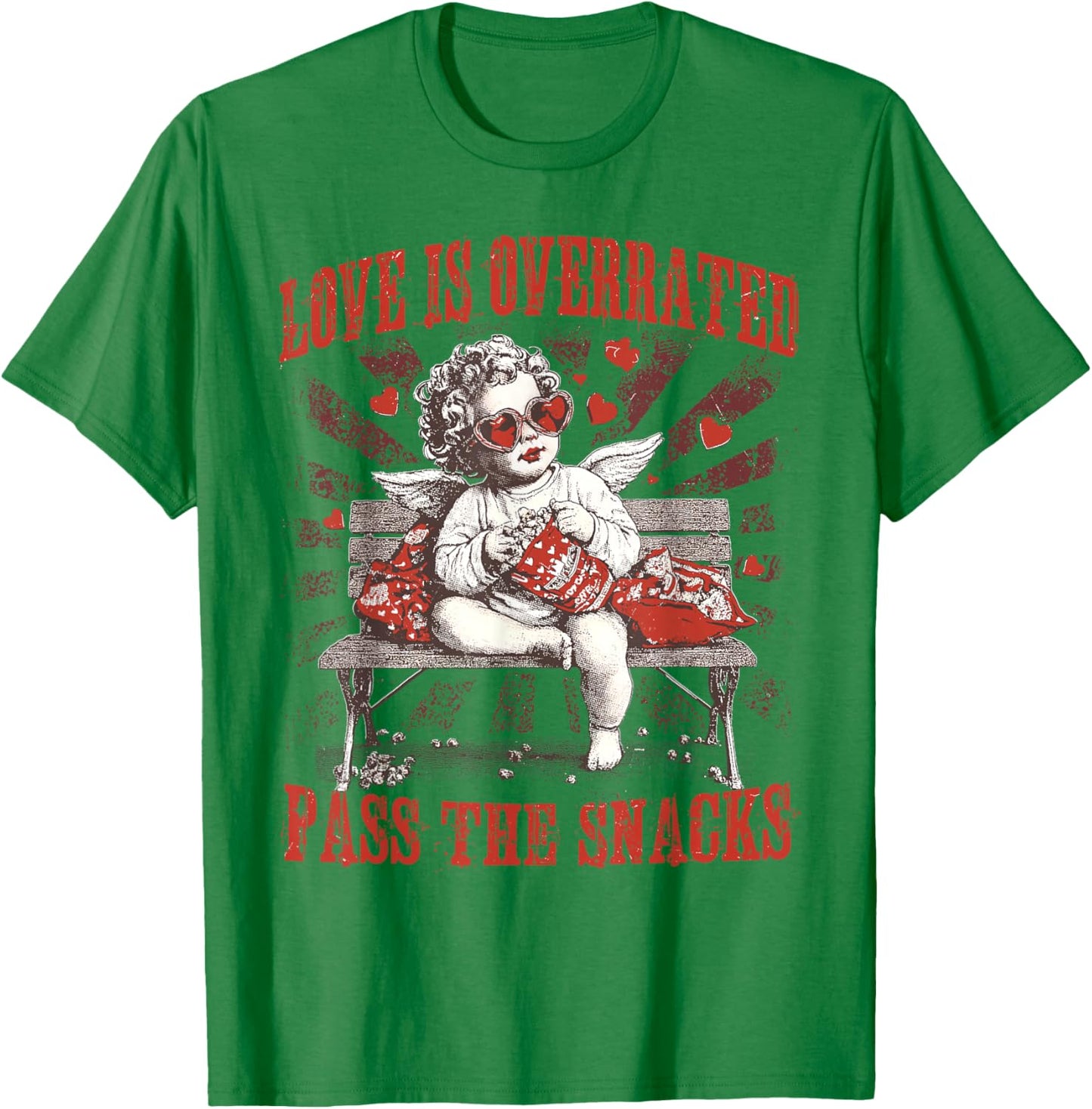 Funny Cupid Love is Overrated Pass The Snacks Anti Valentine T-Shirt - T-Shirt | Irish Green