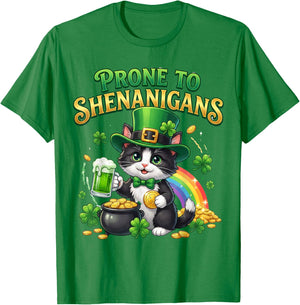 Tuxedo Cat Saint Patrick's Day Prone to Shenanigans T-Shirt - T-Shirt | Irish Green
