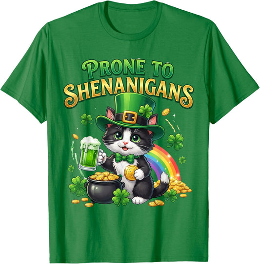 Tuxedo Cat Saint Patrick's Day Prone to Shenanigans T-Shirt - T-Shirt | Irish Green