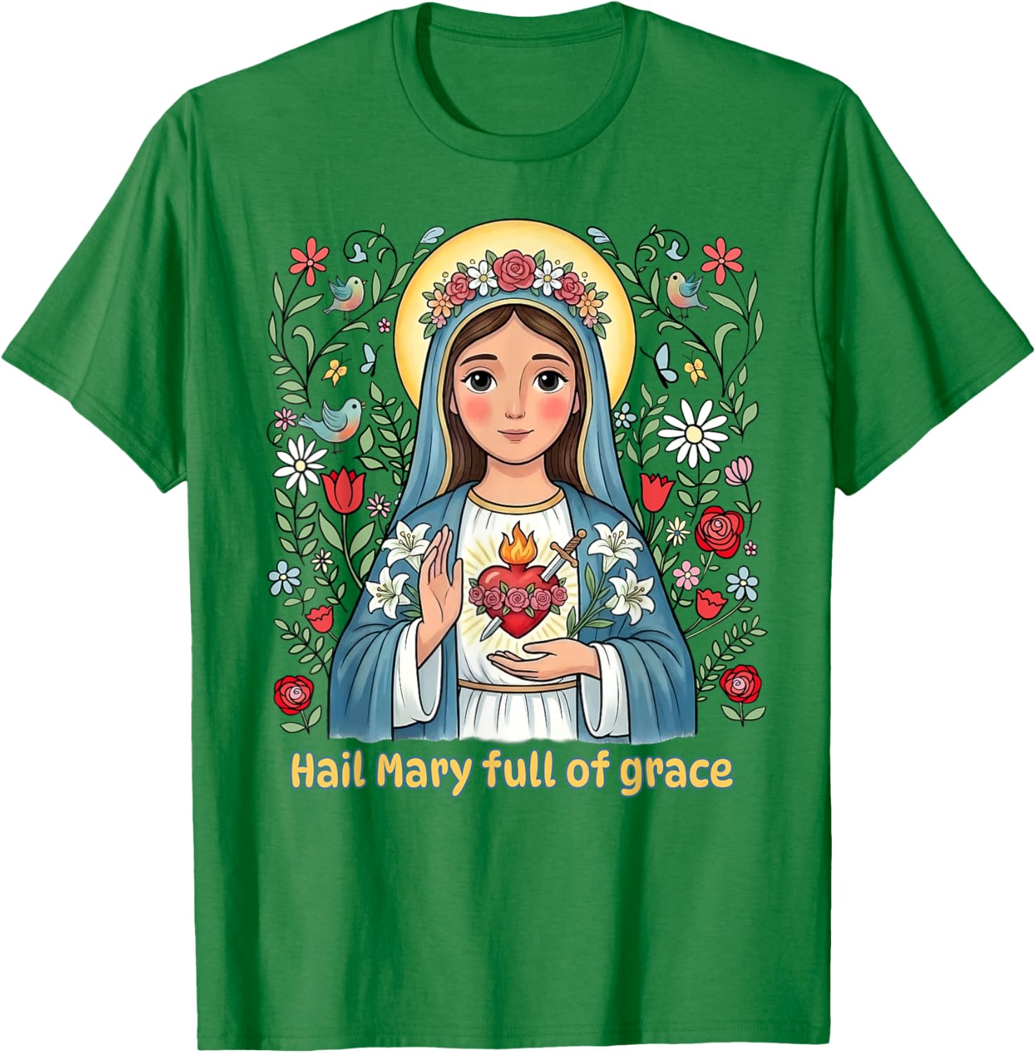 Beautiful Catholic Hail Mary Full of Grace Floral Kids T-Shirt - T-Shirt | Irish Green