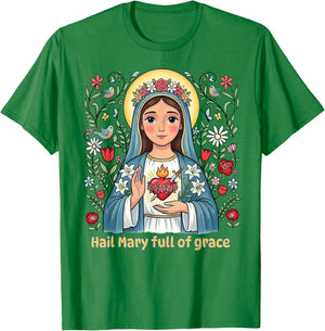Beautiful Catholic Hail Mary Full of Grace Floral Kids T-Shirt - T-Shirt | Irish Green