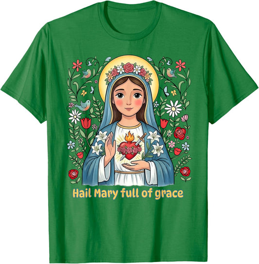 Beautiful Catholic Hail Mary Full of Grace Floral Kids T-Shirt - T-Shirt | Irish Green