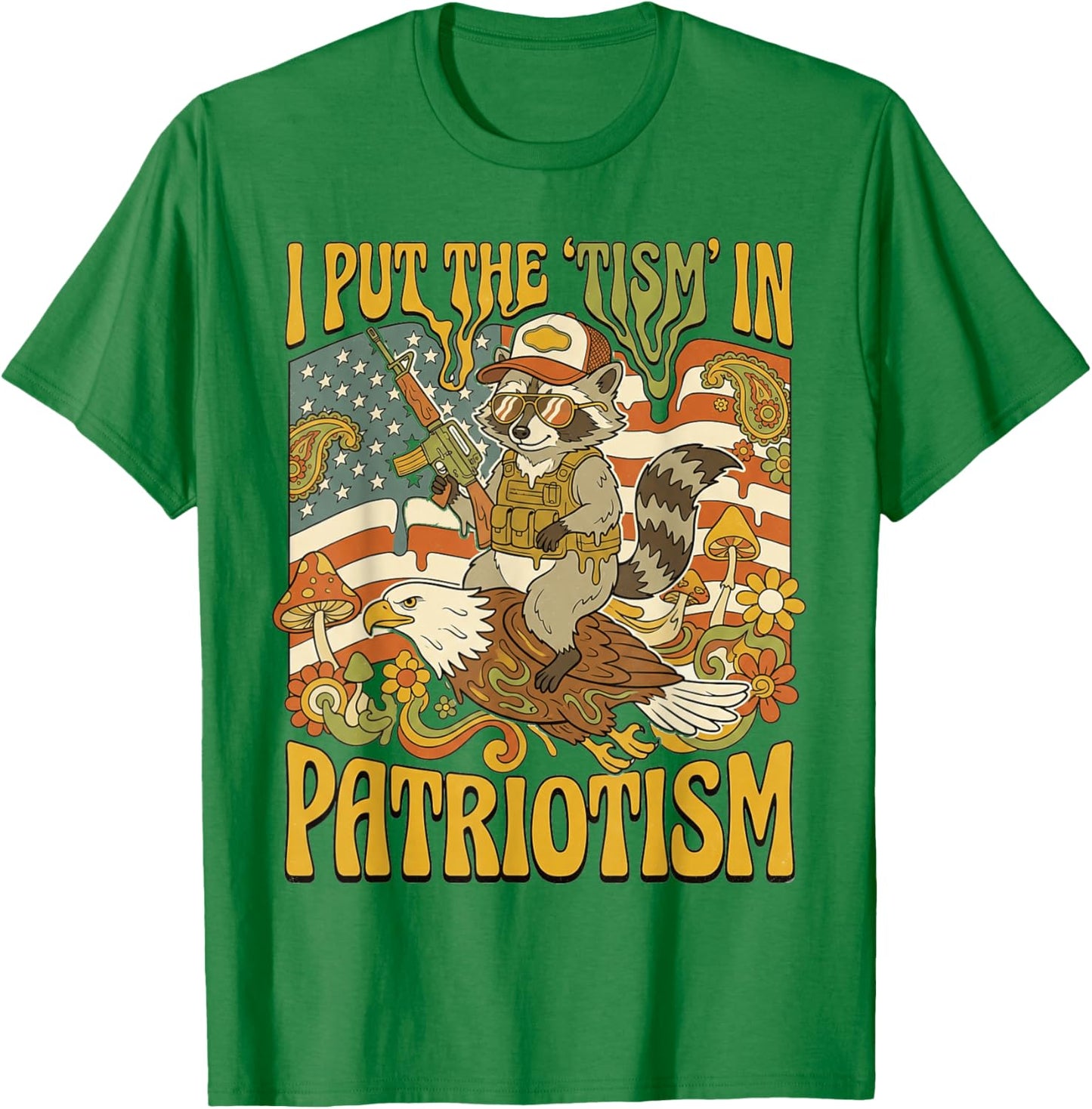 I Put The Tism in Patriotism Athletic Eagle Raccoon USA Flag T-Shirt - T-Shirt | Irish Green