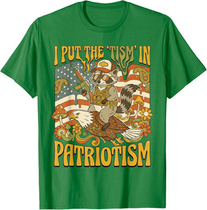 I Put The Tism in Patriotism Athletic Eagle Raccoon USA Flag T-Shirt - T-Shirt | Irish Green