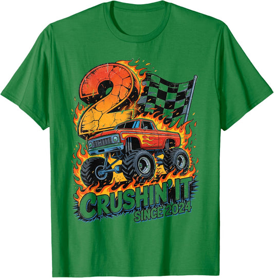 Birthday Monster Truck 2 Year Old Boys 2nd Party Born 2024 T-Shirt - T-Shirt | Irish Green