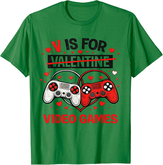 V is for Video Games Valentines Gamer Boy Men Kids T-Shirt - T-Shirt | Irish Green